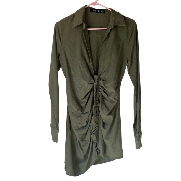 Lioness XS Olive Green Long-Sleeve Ruched Button-Up Mini Dress Linen - Picture 1 of 9